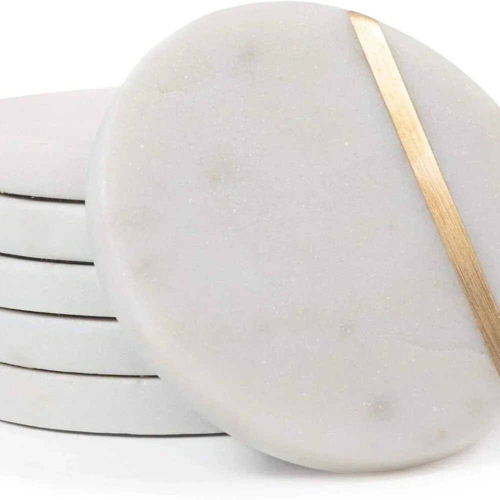 Marble Coasters Set of 6 - Luxury Aesthetic Modern Decor for Coffee Table- White